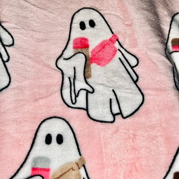 Halloween Cute Ghost Velvet Throw Blanket Ghostie w/Crossbody Bag & Coffee - Picture 8 of 11